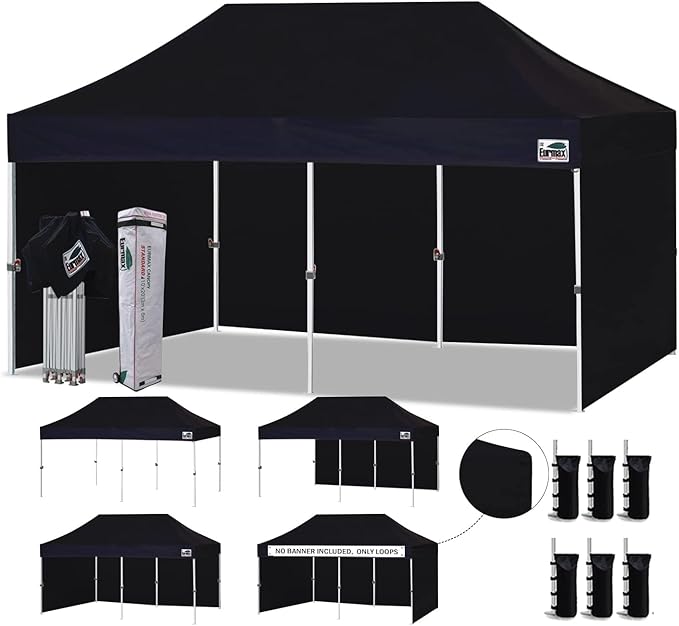 Eurmax USA 10'x20' Pop-up Canopy Tent Commercial Instant Canopies with 4 Removable Zipper End Side Walls and Roller Bag, Bonus 6 SandBags(Black)