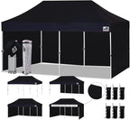 Eurmax USA 10'x20' Pop-up Canopy Tent Commercial Instant Canopies with 4 Removable Zipper End Side Walls and Roller Bag, Bonus 6 SandBags(Black)