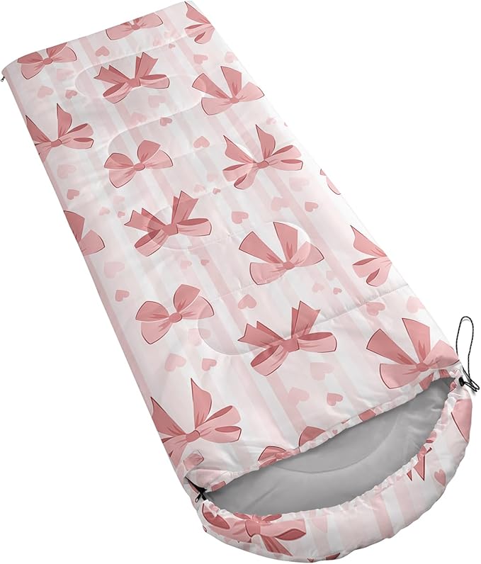 Pink Bow Sleeping Bag,Girly Princess Bowknot Camping Bag for Girls Kids,Pink and White Striped Lightweight Warm Portable Outdoor Indoor-Waterproof Cold Weather Resistant for Camping Hiking