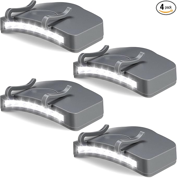 Mudder 4 Pcs Hat Light Clip 11 LED Hat Lights Clip on Headlamp Battery Powered Brim Lamp Gray Waterproof Ultra Bright Headgear Flashlight for Hunting Camping Fishing Hiking