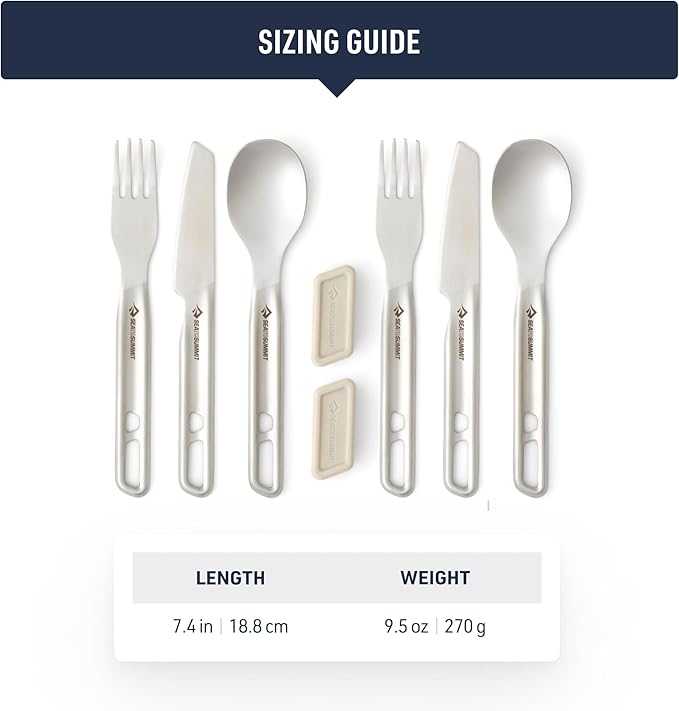 Sea to Summit Detour Stainless Steel Camp Cutlery Set, 2 Person (2 Knives, Forks, Spoons, w/Silicone Keeper)