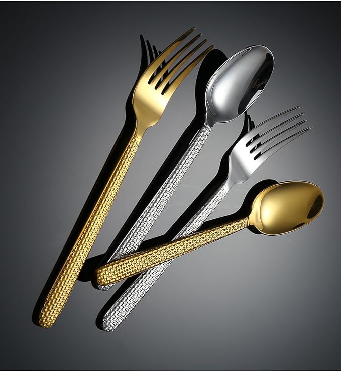 Silverware Flatware Cutlery Set， 4/16/24/32/40/48 Pieces Thick Linen Pattern Stainless Steel Cutlery， Hotel Restaurant， Home Steak Knife， Dessert Spoon，Gold-40 Pieces for 10