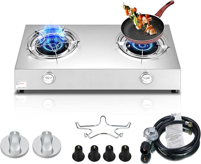 Propane Stove 2 Burner Auto Ignition Propane Burner 26000 BTU Gas Stove with CSA LPG Hose for Outdoor, Emergency