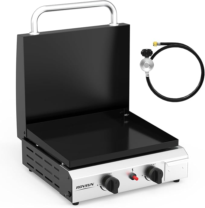 ROVSUN 2 Burner Portable Propane Griddle with Electronic Ignition & Regulator, 20,000 BTU Tabletop Flat Top Gas Grill with Enameled Tray & Lid for Outdoor Cooking Camping BBQ Tailgating Picnicking