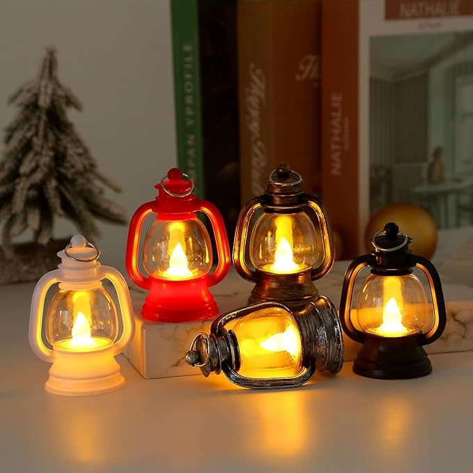 12 Pcs Mini Lanterns Decorative with LED Candle for Western Cowboy Xmas Home Decor Small Hanging Lantern Ornaments Camping Table Centerpiece Vintage Lantern Ornament