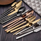 Premium Stainless Steel Cutlery Set, 48-Piece Flatware Set for 12, 304 Grade Silverware, Elegant Forks & Spoons, Ideal for Home & Hotel Dining (Black/Gold Finish)