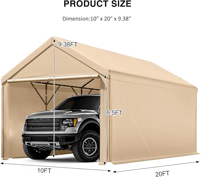 Carport 10x20ft Heavy Duty Canopy,Portable Garage Party Tent,Portable Garage with Removable Sidewalls & Doors All-Season Tarp for Car,Truck,Party Beige