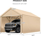 Carport 10x20ft Heavy Duty Canopy,Portable Garage Party Tent,Portable Garage with Removable Sidewalls & Doors All-Season Tarp for Car,Truck,Party Beige