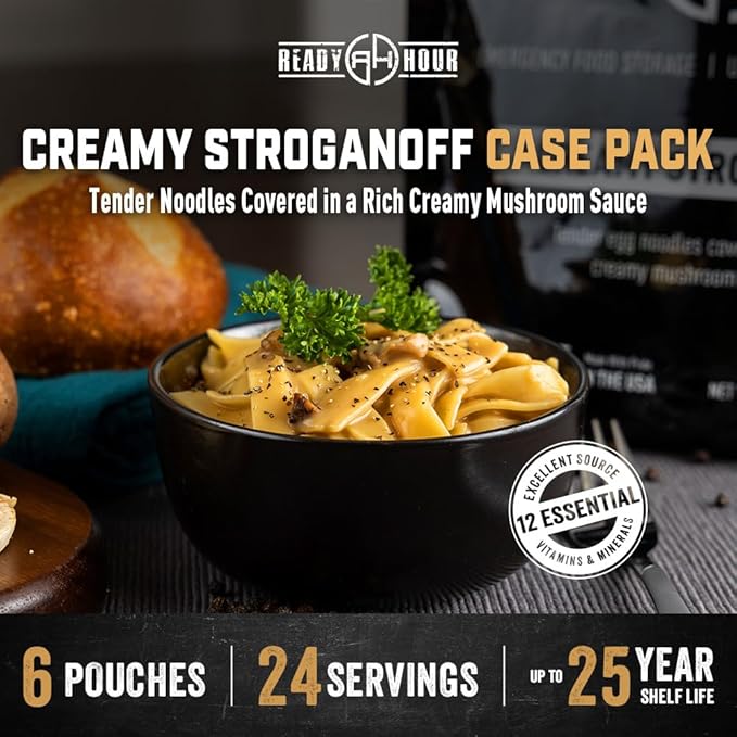 Ready Hour Creamy Stroganoff Case Pack (24 Servings), Freeze-Dried Stroganoff Dinner, Survival Emergency Food Meal, Shelf-Stable, 25-Year Shelf Life