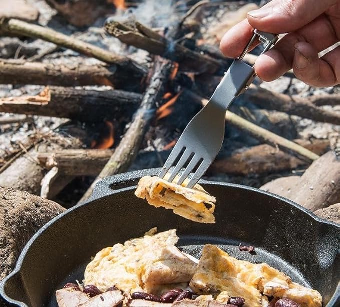 1SET Outdoor Pure Titanium Frying Pan Foldable Fork Set Camping Portable Pot and Tableware(Large)