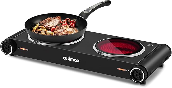 CUSIMAX Hot Plate for Cooking,1800w Double Infrared Burner,Portable Electric Stove with Adjustable Temperature Control,Ceramic Glass Hot Plate for Dorm Office Home Camp,Black Stainless Steel
