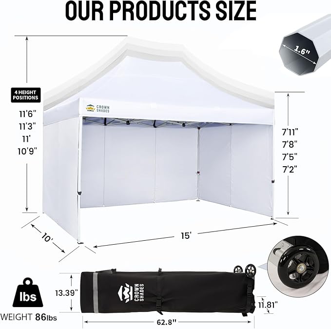CROWN SHADES 10x15 Pop Up Canopy Tent, Thicken Frame Commercial Heavy Duty Tent, 4 Sidewalls 8 Stakes & 4 Sandbags & 4 Ropes, Outdoor Canopies for Events, Parties,White