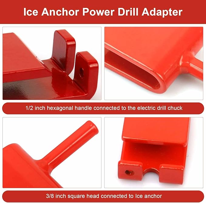 Ice Anchor Power Drill Adapter Fits 1/2" Electric Drill Chuck and 3/8" Ice Anchor Connection End, Ice Shelter Accessories for Ice Fishing Shelter Tent, Red Ice Shanty Anchors Adapter