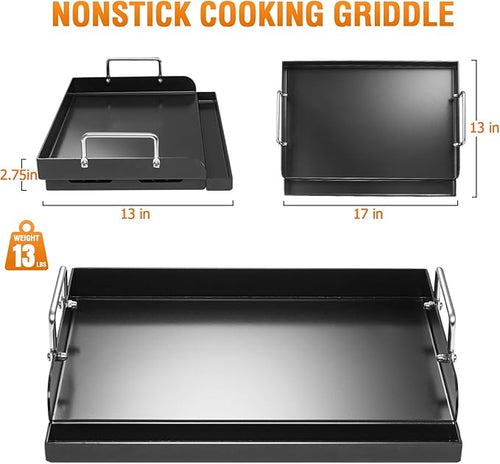 17" x 13" Nonstick Coating Cooking Griddle for Gas Grill, Universal Flat Top Plate Insert with Grease Groove and Removable Handles for Weber Charbroil Camp Chef/Gas Stove/Electric Flat Griddle