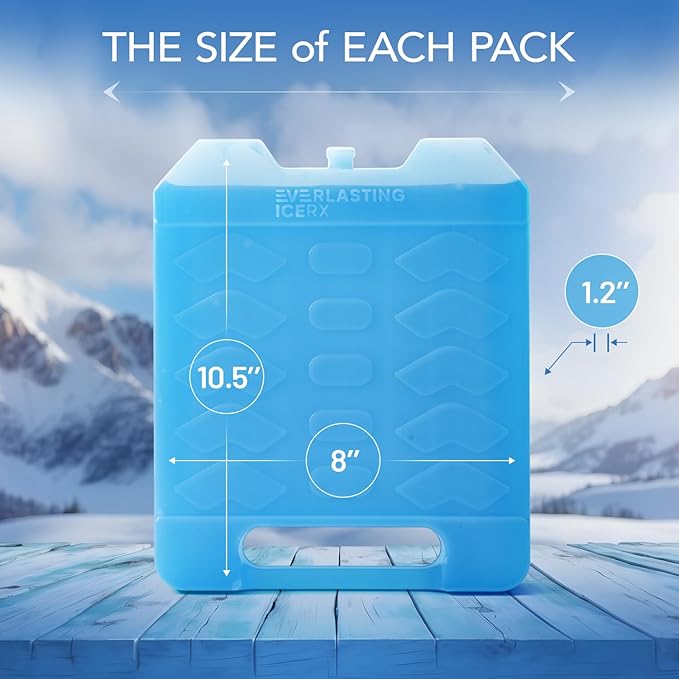 Everlasting Ice RX Large Reusable Ice Packs for Cooler with Handle (4 Pack) Long Lasting Coolness, BPA Free, Freezer Packs for Extended Cooling | Cooler Ice Packs for Camping, Fishing, Hiking, Beach