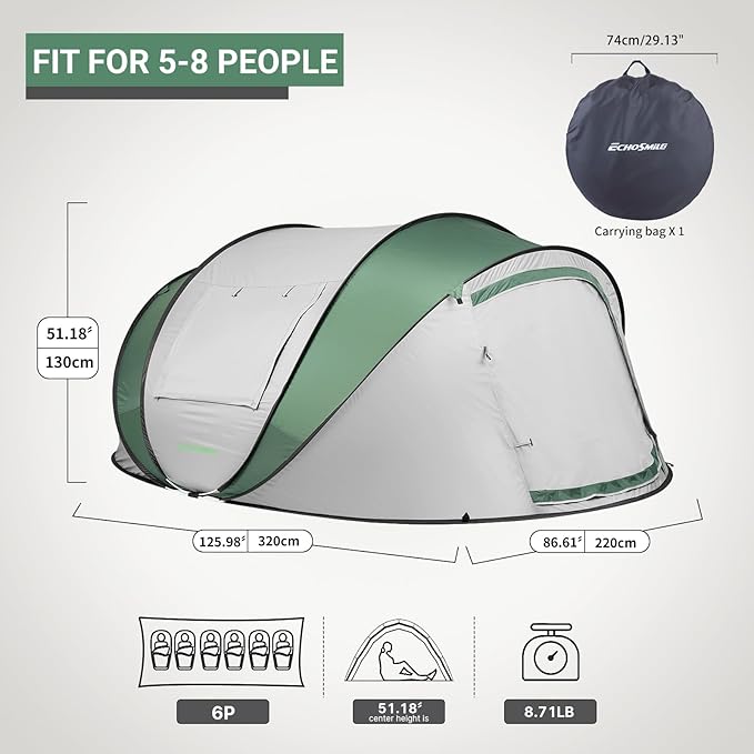 EchoSmile Instant Pop Up Camping Tent, 2/4/6 Person, Easy Setup Tent, Water Resistant Dome, Portable with Carry Bag