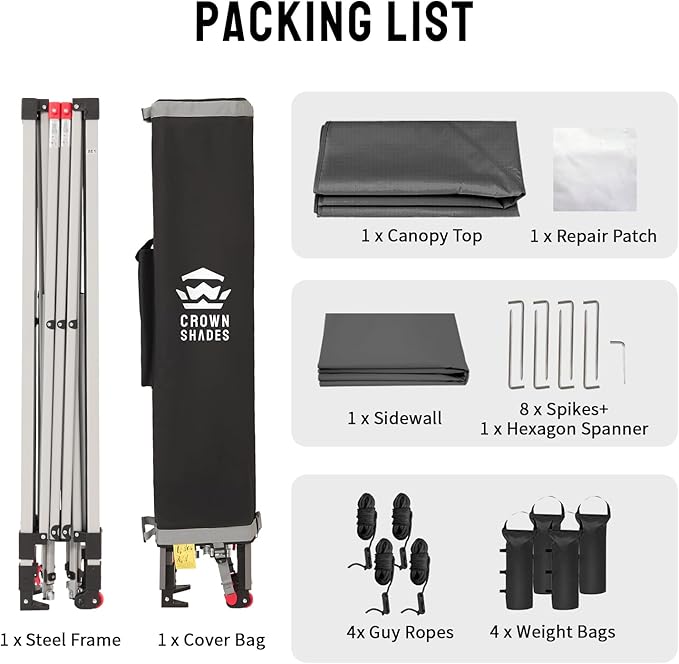 CROWN SHADES 8x8 Pop Up Canopy with 1 Side Wall - Beach Tent with One Push Setup - Outdoor Sun Shade for Events, Parties, Camping - Gazebo with STO-N-Go Cover Bag (Grid Grey)