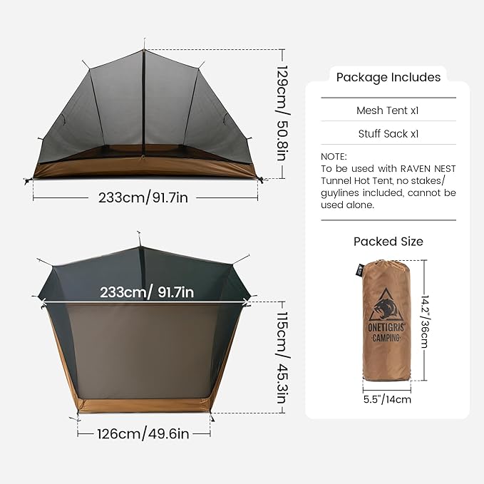 OneTigris Mesh Inner for Raven NEST Hot Tent, Lightweight Detachable Screen Tent with 3000mm Waterproof Bathtub Bottom for Camping, Hiking, Backpacking, Stargazing, Bushcraft