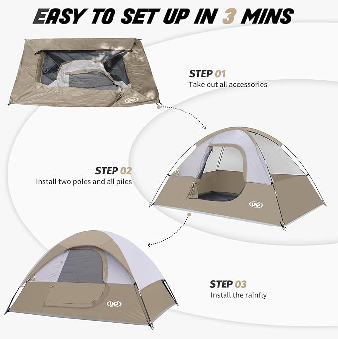 Camping Tent 2-4 Person, Waterproof Windproof Tent with Rainfly Easy Set up-Portable Dome Tents for Camping…