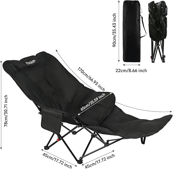 Dual Purpose Folding Camping Cot and Chair with Removable Footrest for Adults, Easy-to-Assemble Adjustable Sleeping Chair with Carry Bag for Fishing, Hiking, Travel, Home (Black)