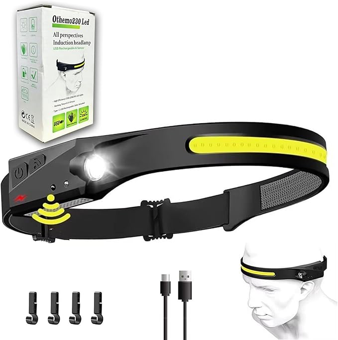 Headlamp 5Mode 230° Wide Beam Led Head Band Lamp,Rechargeable Motion Sensor for Adults, for Forehead, Hard Hat Headlight, Camping Essentials (1)