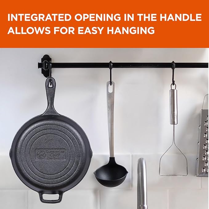 Commercial CHEF 10.25-Inch Cast Iron Skillet, Pre-Seasoned Cast Iron, Integrated Hanging Hole in Handle, Works on All Cooktops Including Induction, Outdoor Skillet for Campfires or Grills, CHFS1025