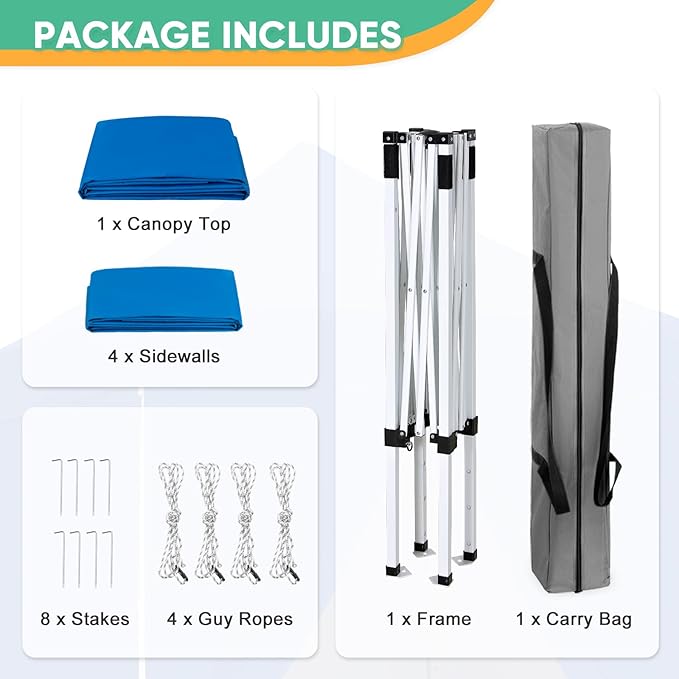 5x5 Pop Up Canopy Tent with Four Sidewalls, Instant Portable Beach Canopy, Outdoor Tent with Carry Bag for Camping, Sports, Tailgating, Events, Blue