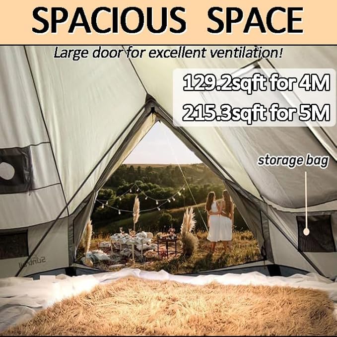 Backpacking Bell Tent with Top Stove Jack for All Year Camping, 300D Oxford Waterproof Yurt Tents for Glamping,Parties,Outdoor Events(Off White,13ft/16.4ft)