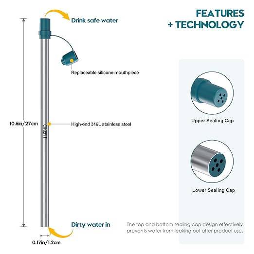 Portable Water Filter Straw, 316L Stainless Steel Reusable Personal Water Purifier for Camping Hiking Backpacking Travel, Emergency Survival Gear (2 -Pack)