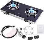 Hothit Portable 2 Burner Propane Stove Gas Cooktop, 28600 BTU Tempered Glass Auto Ignition for Outdoor Kitchen, Camping, RV, Small Apartment