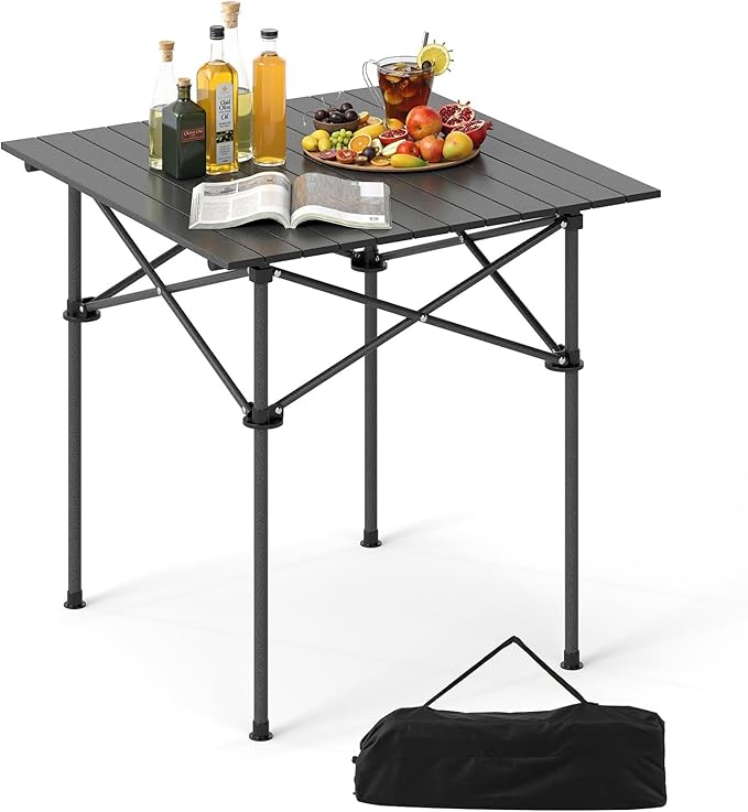 Giantex Folding Roll-up Camping Table, Outdoor Lightweight Aluminium Table for 4, Portable Square Table with Carry Bag for Picnic, Hiking, BBQ, Beach, Tailgating (28"x28"x27.5",Black)