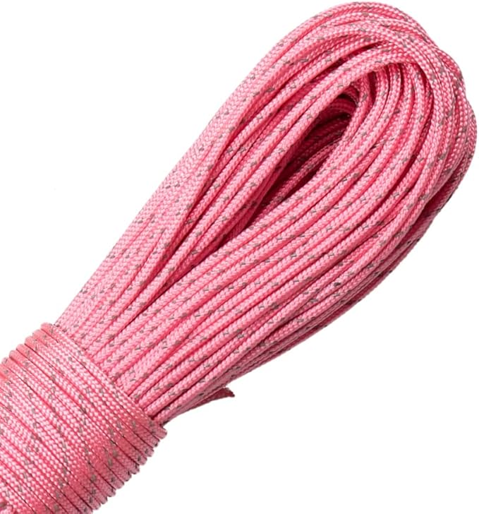 Paracord Planet – Fluorescent 1.75mm Reflective Guyline 95 Paracord Tent Rope Camping Parachute Cord – Baby Pink – 65ft