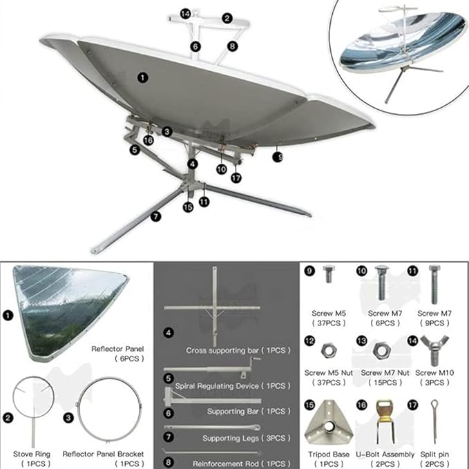Concentrated Solar Cooker 1800W Portable Parabolic Solar Cooker Foldable Solar Grill Outdoor Stove for Outdoor Camping Cooking Grilling Barbecue, Diameter 59"
