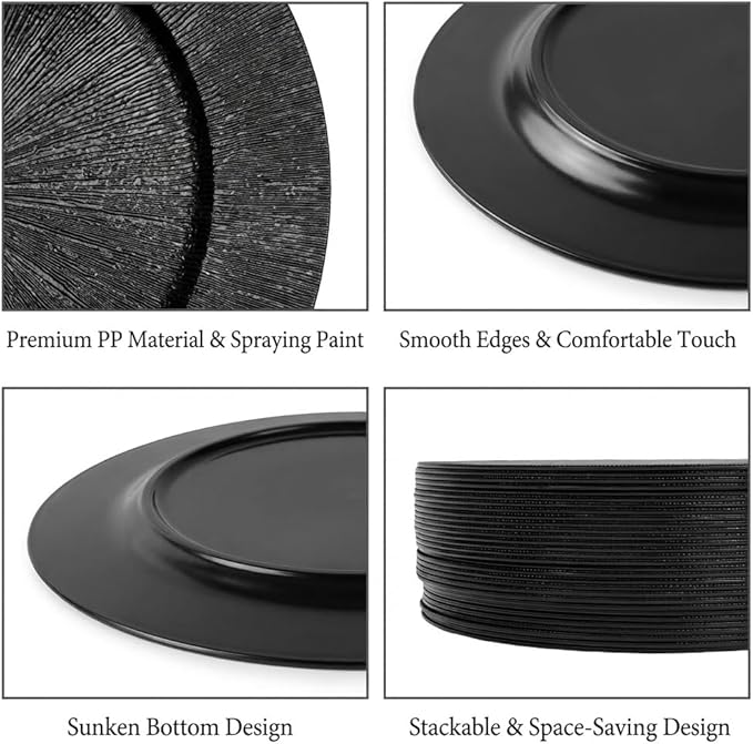 DYRABREST 50 Pcs 13 Inch Charger Plates, Bulk Round Charger Plates Plastic Wedding Dinner Elegant Reusable for Table Setting Wedding Party Event Tabletop Setting Decor (Black)