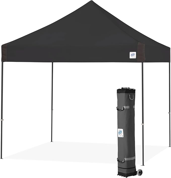 E-Z UP Vantage Instant Shelter Canopy, 10' x 10', Steel Gray Powder-Coated Steel Frame with Wide-Trax Roller Bag & 4 Piece Spike Set, Black