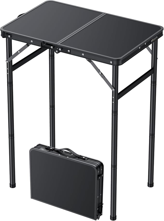 JiGiU Folding Camping Table Portable Pinic Table 3 Level Height Adjustable Aluminum Frame Small Foldable Camp Table Light Weight with Carry Handle for Outdoor Indoor Hiking Camp BBQ Beach