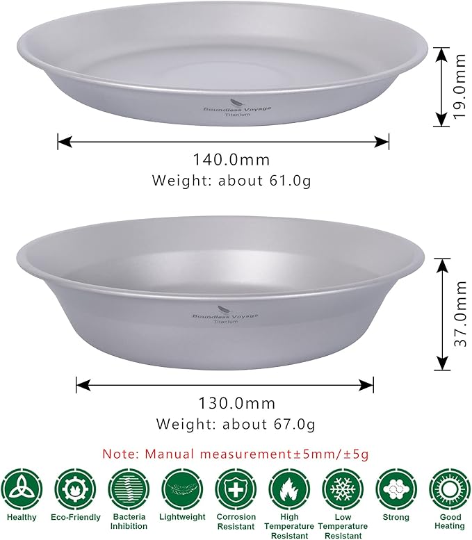 Boundless Voyage Ultralight Titanium Bowl Pan Plate Dish with Carry Bag Outdoor Camping Portable Tableware Cookware (2 Pcs Set (Shallow Bowl+Plate))