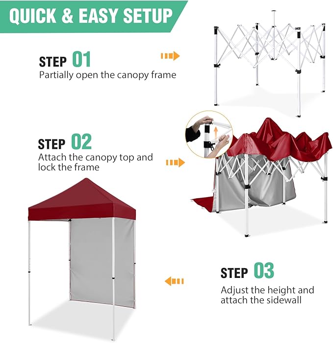 5x5 Pop Up Canopy Tent with One Sidewall, Instant Portable Beach Canopy, Outdoor Tent with Carry Bag for Camping, Sports, Tailgating, Events, Burgundy
