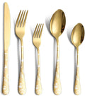 Silverware Flatware Cultery Set for 8 ，Unique Stainless Steel Cutlery Utensils Set with Steak Knives ，40 Pieces Tableware Set for Home Kitchen Restaurant Hotel,Dishwasher Safe Gold