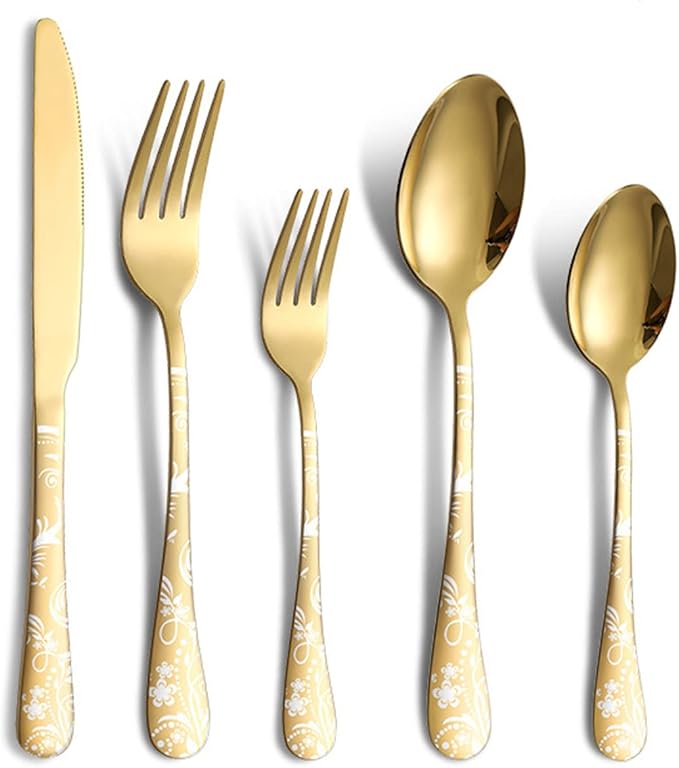 Silverware Flatware Cultery Set for 12 ，Unique Stainless Steel Cutlery Utensils Set with Steak Knives ，60 Pieces Tableware Set for Home Kitchen Restaurant Hotel,Dishwasher Safe Gold