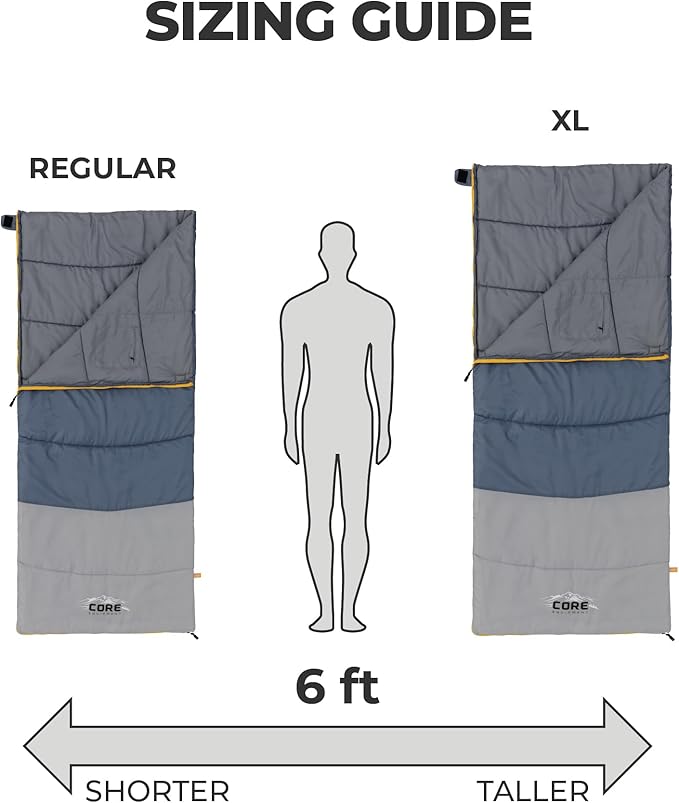 CORE Sleeping Bags for Adults | Lightweight & Compact | Perfect for Indoor or Outdoor Use, Camping, Backpacking, Hiking, & Sleepovers | Ideal for Warm & Cooler 3 Season Weather