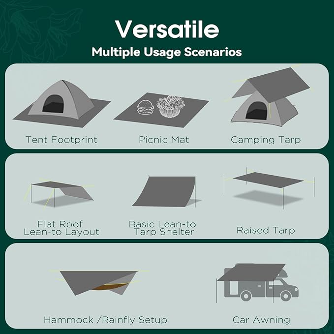 Tent Footprint - Waterproof Camping Tarp, 1-6 Person Tent Floor Saver, PU 3000mm Small Tarp for Hiking, Backpacking, Hammock, Beach, Picnic and Other Outdoor Activities