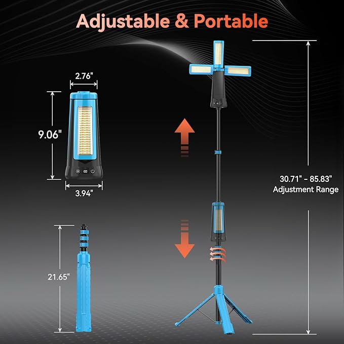 15000 mAh Rechargeable Camping Light with Stand, Cordless Work Light with 3 LED Lamp Heads, 5500 Lumens Dimmable Camping Essentials Gear Emergency Flashlight with 86" Detachable Tripod, Blue