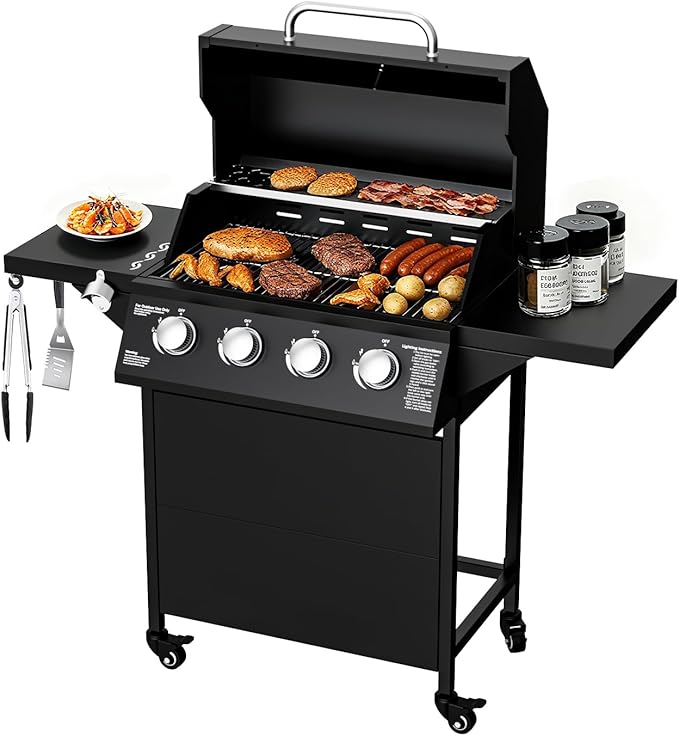 4-Burner Propane Gas BBQ Grill, 40,000 BTU Output Stainless Steel Gas Barbecue Grill with Side Tables & Wheels for Backyard,Camping and Outdoor Cooking (Black)