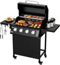 4-Burner Propane Gas BBQ Grill, 40,000 BTU Output Stainless Steel Gas Barbecue Grill with Side Tables & Wheels for Backyard,Camping and Outdoor Cooking (Black)