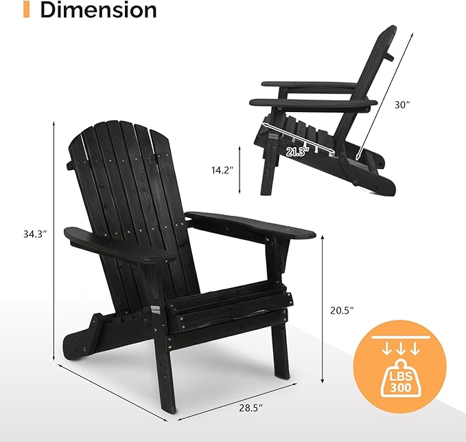 VINGLI Folding Adirondack Chairs Set of 4, Wood Adirondack Chair for Outdoor, Foldable Fire Pit Chairs for Patio, BBQ, Porch, Yard, Pool, Black
