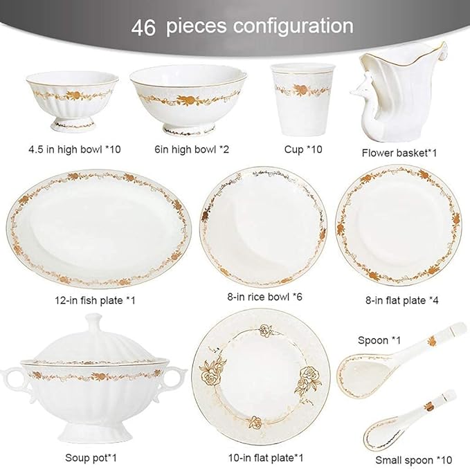 Ceramic Tableware Set with 46 Pieces, Bowl/Soup Pot/Spoon | Bone China Tableware Sets, Gold Rose Pattern Porcelain Combination Set