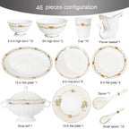 Ceramic Tableware Set with 46 Pieces, Bowl/Soup Pot/Spoon | Bone China Tableware Sets, Gold Rose Pattern Porcelain Combination Set