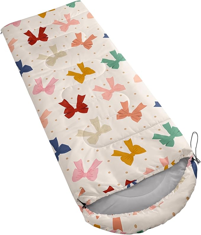 Colorful Bow Sleeping Bag, 3 Season Warm Cool Weather, Hand Drawn Bow Camping Sleeping Bag for Adult, Cute Bowknot Camping Backpacking for Outdoor Traveling Hiking Hunting Gear Equipment