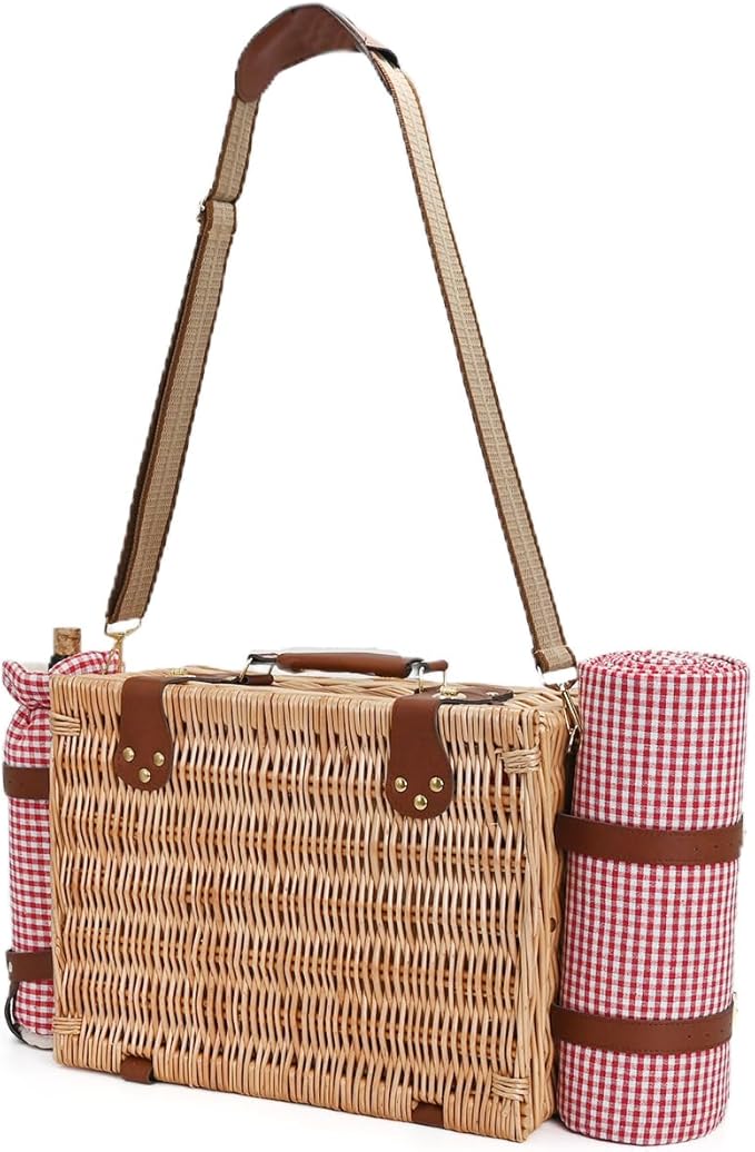 Picnic Basket with Blanket and Wine Pouch for 2, Wicker Picnic Set with Insulated Liner Cooler Bag Hamper for Camping,Wedding - Red Gingham
